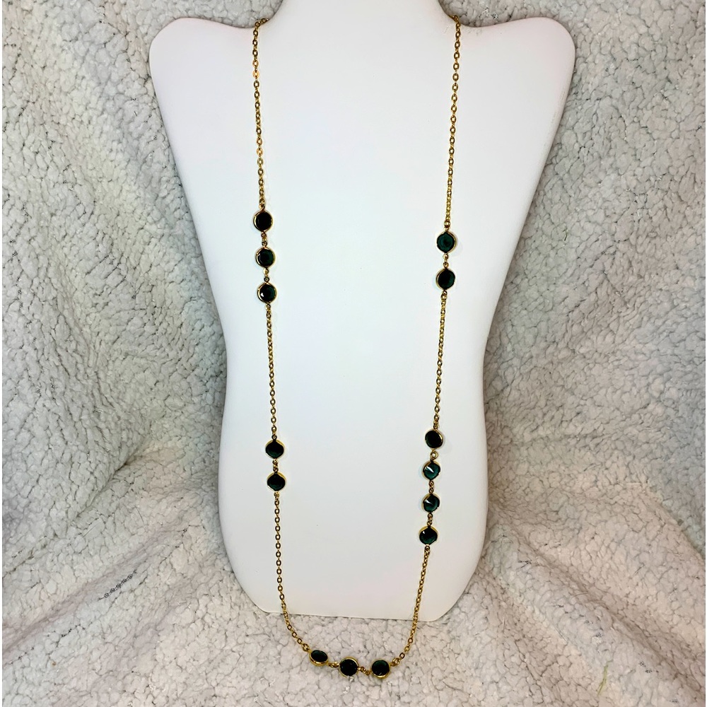 JCREW Blue Green Crystal Bezel Set Gold Tone Necklace J CREW, EUC